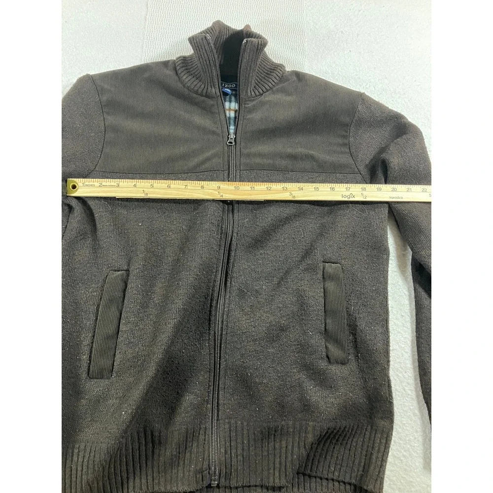 Izod Mens Fleece Lined Full Zip Knit Sweater Brown Mock Neck Size Small Jacket